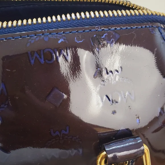 MCM Patent Embossed Satchel Crossbody Bag Ombre Brown Blue Purple - Picture 11 of 16